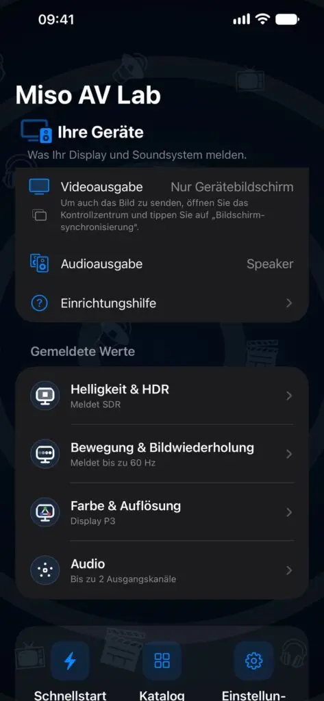 Miso AV Lab auf dem iPhone: Ihr Setup entdecken, mit Berichten zu Helligkeit, Bewegung, Farbe und Audio