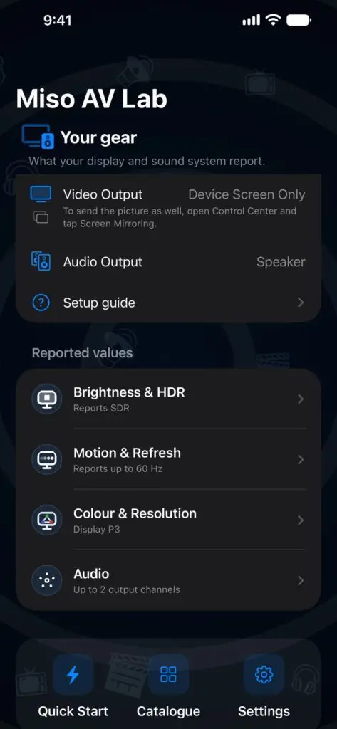 Miso AV Lab on iPhone: Discover your setup, with brightness, motion, colour and audio reports