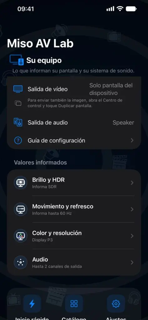Miso AV Lab en iPhone: Descubra su equipo, con informes de brillo, movimiento, color y audio