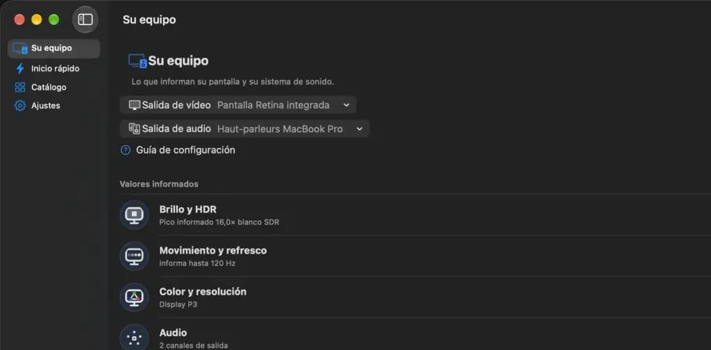 Miso AV Lab en Mac, con los selectores de pantalla y de salida de sonido