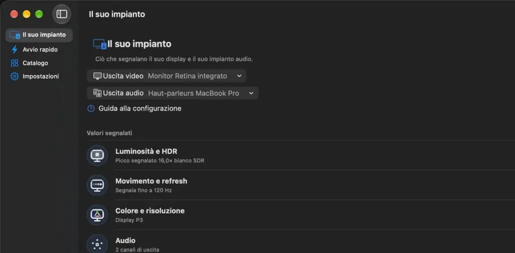 Miso AV Lab su Mac, con i selettori di display e di uscita audio
