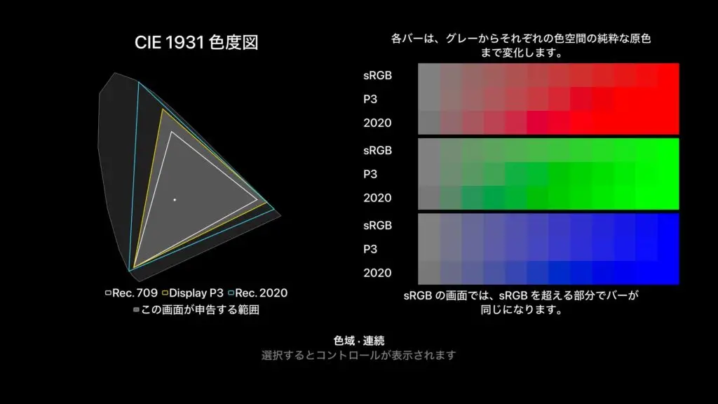色域:各正方形をRec. 709、Display P3、Rec. 2020で分割 2020