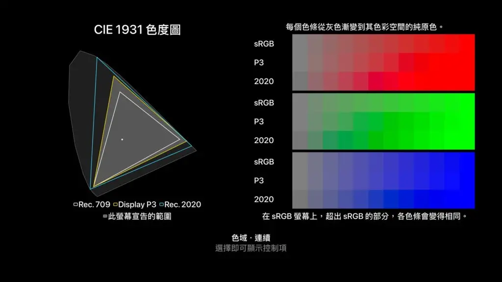 色域：每個方塊在 Rec. 709、Display P3 與 Rec. 2020 之間對半分割  2020