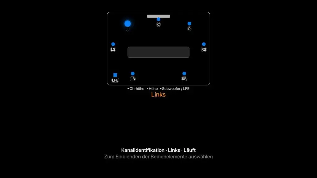 Kanalidentifikation auf Apple TV: ein 7.1.4-Raumdiagramm, der linke Lautsprecher leuchtet