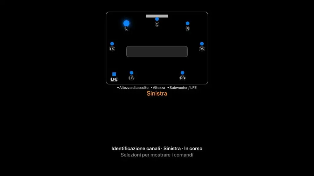 Identificazione canali su Apple TV: schema della stanza 7.1.4 con l’altoparlante sinistro illuminato